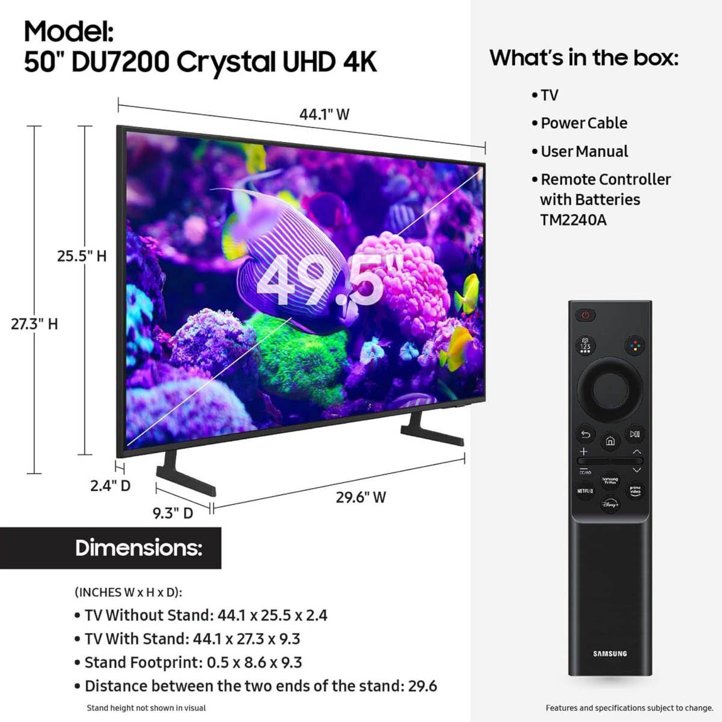 SAMSUNG 50-Inch Class Crystal UHD 4K DU7200 Series HDR Smart TV w/Object Tracking Sound Lite